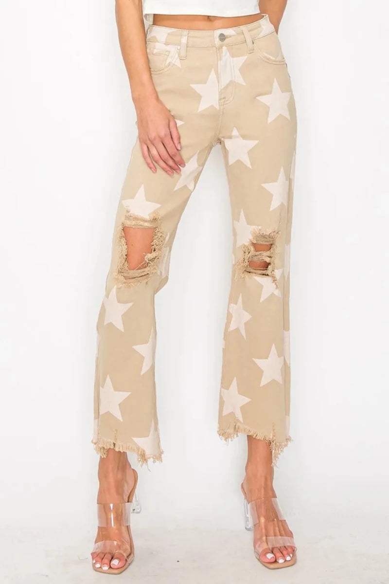 RISEN Full Size High Rise Star Print Frayed Hem Jeans - AMVIM