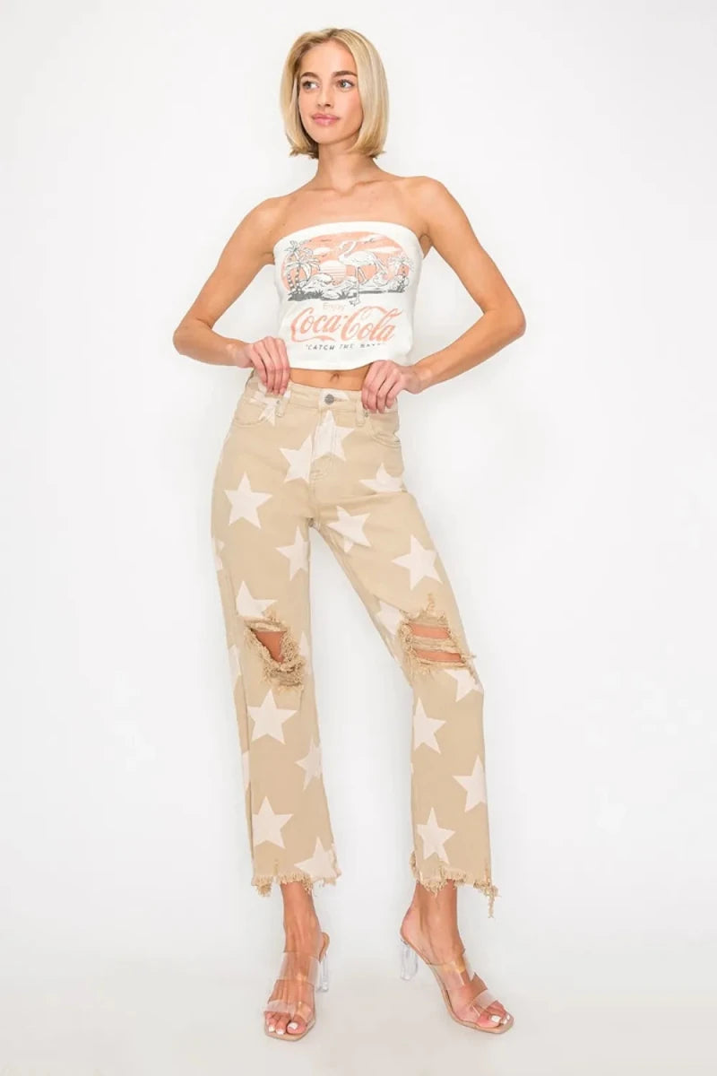 RISEN Full Size High Rise Star Print Frayed Hem Jeans - AMVIM