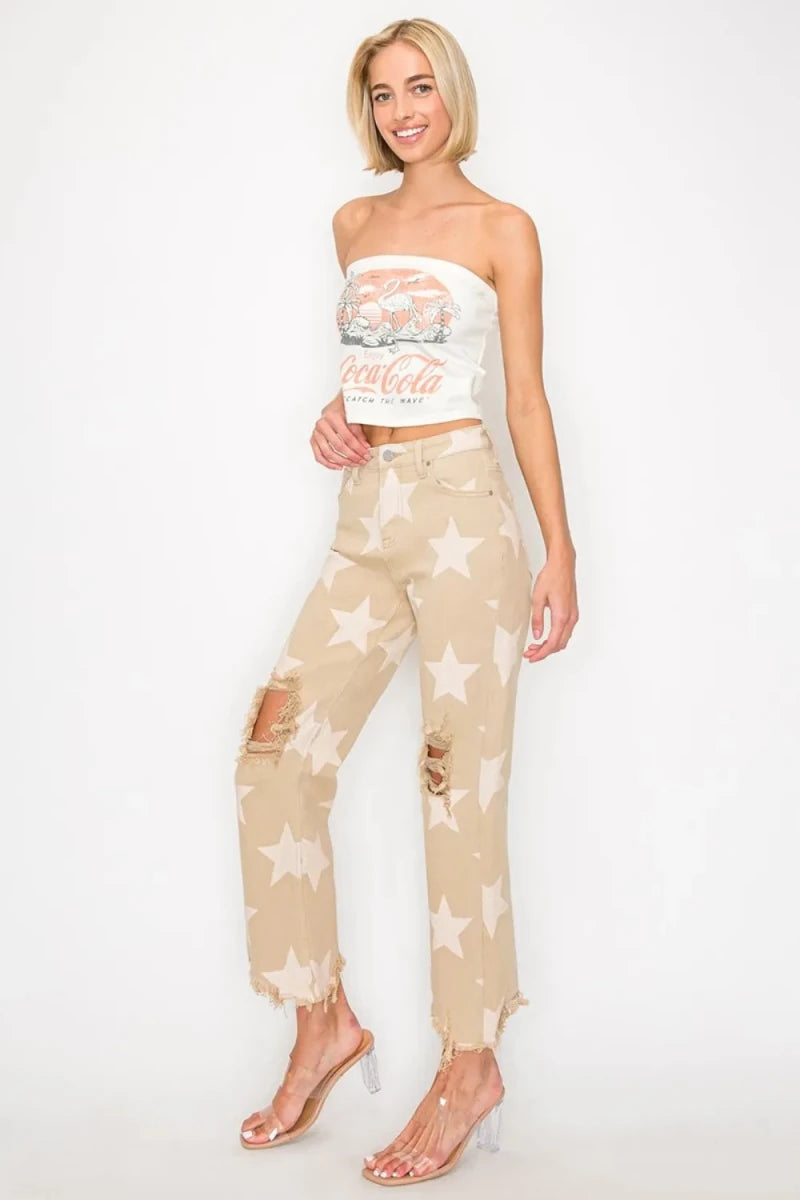 RISEN Full Size High Rise Star Print Frayed Hem Jeans - AMVIM