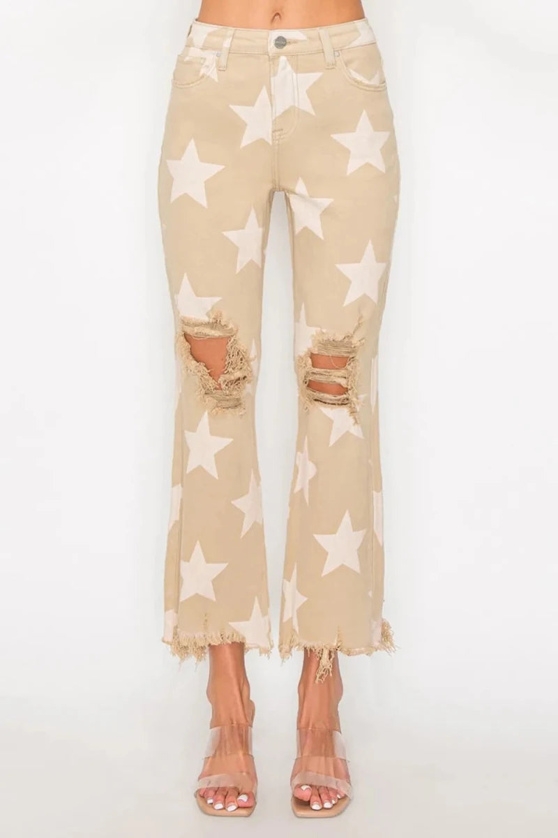 RISEN Full Size High Rise Star Print Frayed Hem Jeans - AMVIM