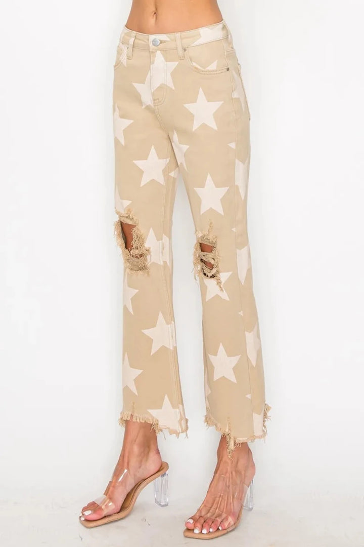 RISEN Full Size High Rise Star Print Frayed Hem Jeans - AMVIM
