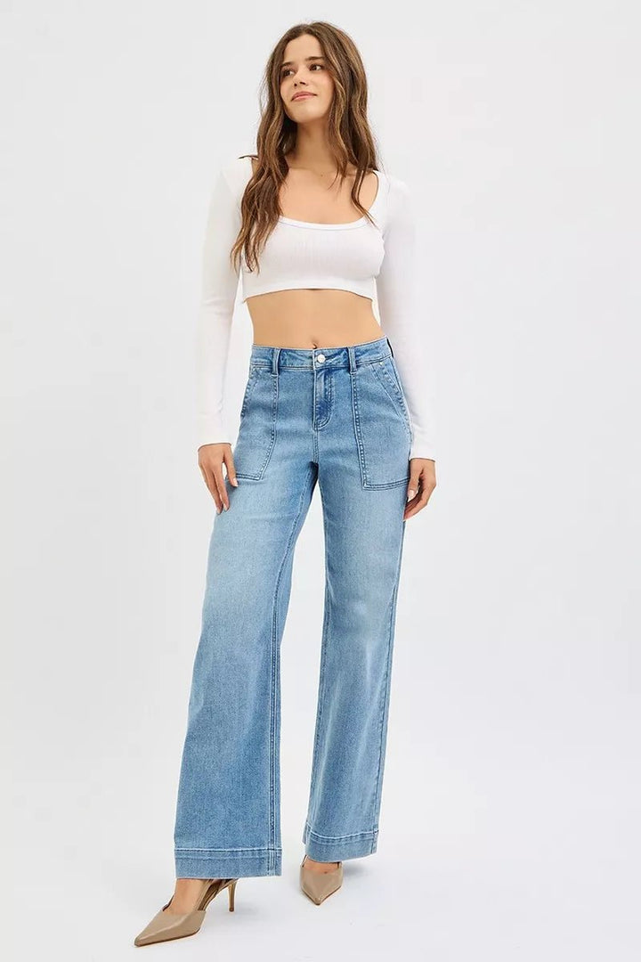 RISEN Full Size High Rise Straight Leg Jeans with Front Pockets Plus Size - AMVIM