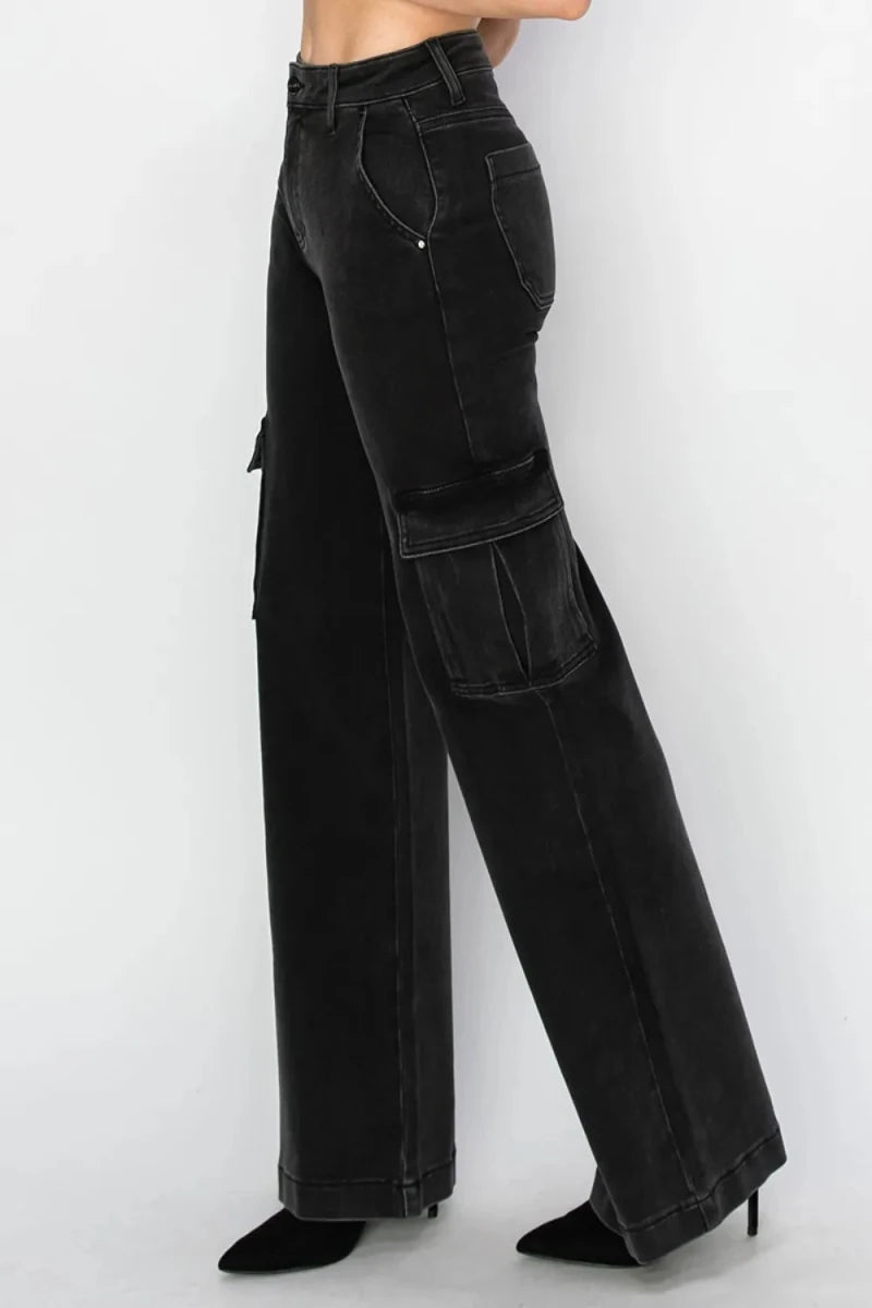 Risen Full Size High Rise Wide Leg Cargo Jeans - AMVIM