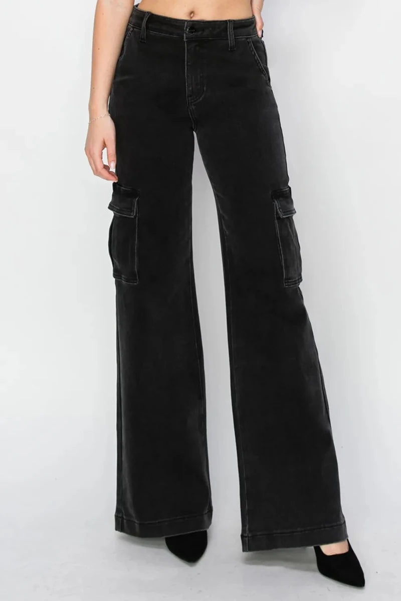 Risen Full Size High Rise Wide Leg Cargo Jeans - AMVIM