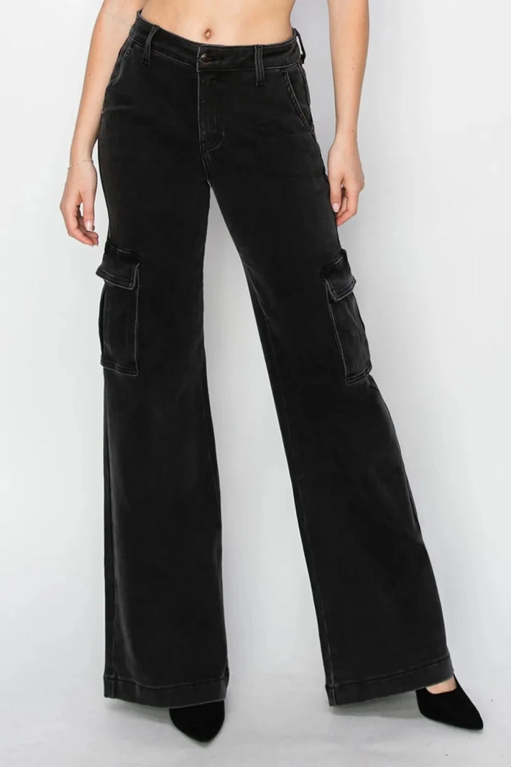 Risen Full Size High Rise Wide Leg Cargo Jeans - AMVIM