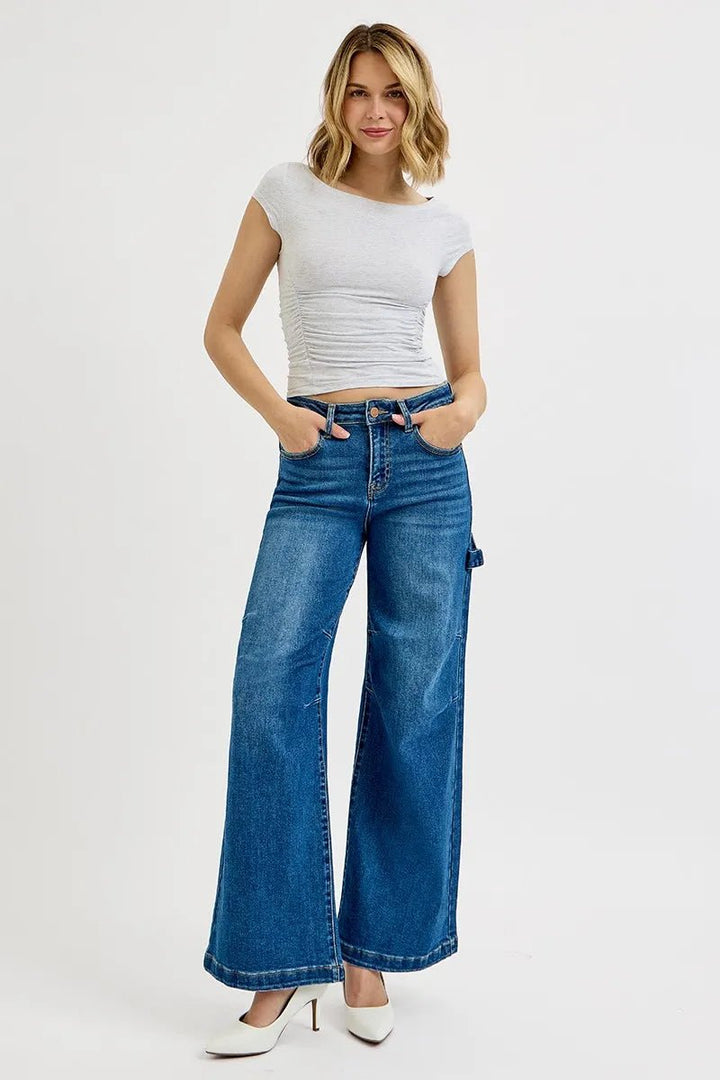 RISEN Full Size High Rise Wide Leg Patch Detailed Jeans Plus Size - AMVIM