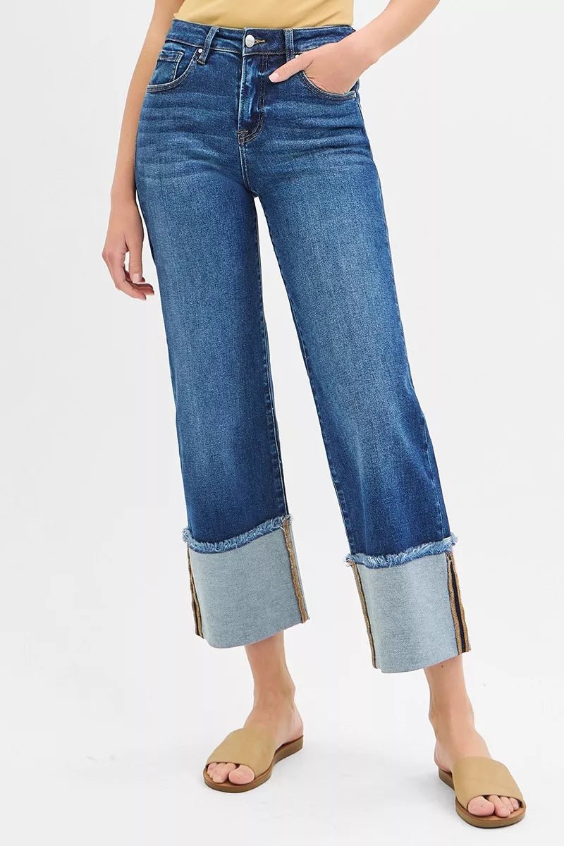 RISEN Full Size Mid Rise Crop Wide Wide Cuffed Jeans Plus Size - AMVIM