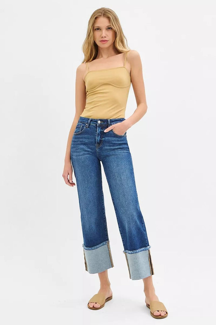 RISEN Full Size Mid Rise Crop Wide Wide Cuffed Jeans Plus Size - AMVIM