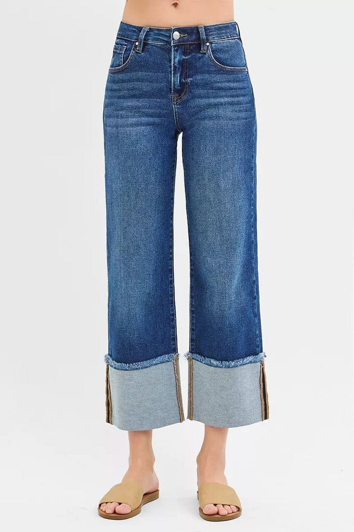 RISEN Full Size Mid Rise Crop Wide Wide Cuffed Jeans Plus Size - AMVIM