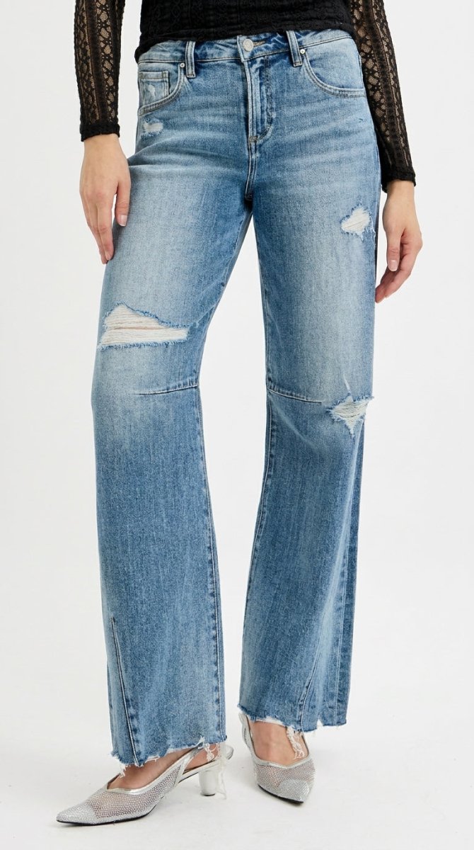 RISEN Full Size Mid Rise Fit Wide Baggy Leg Tie Washed Jeans Plus Size - AMVIM