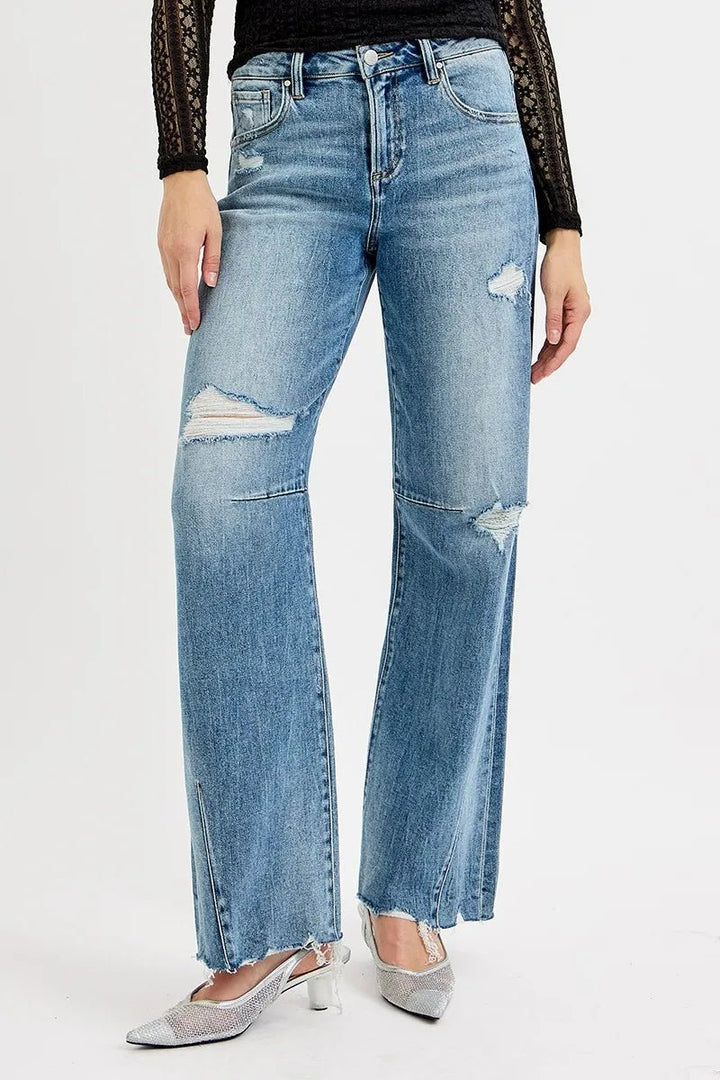 RISEN Full Size Mid Rise Fit Wide Baggy Leg Tie Washed Jeans Plus Size - AMVIM