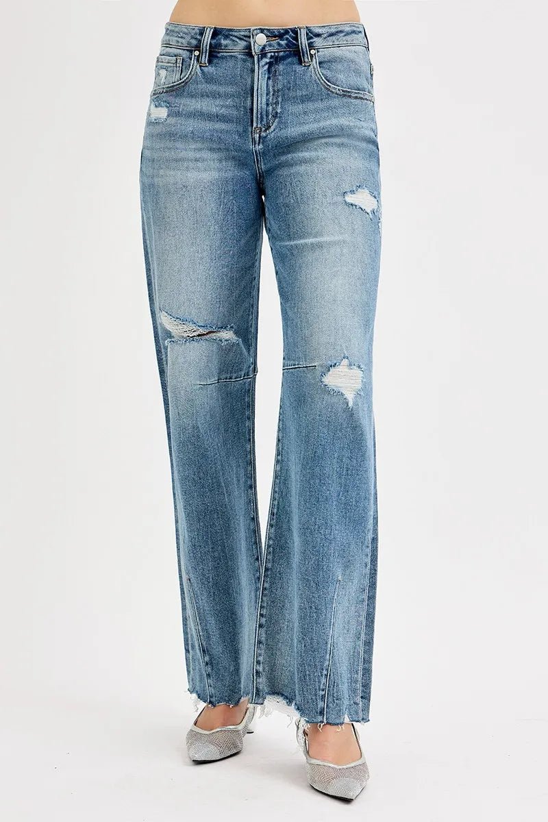 RISEN Full Size Mid Rise Fit Wide Baggy Leg Tie Washed Jeans Plus Size - AMVIM