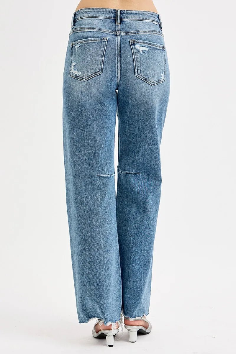 RISEN Full Size Mid Rise Fit Wide Baggy Leg Tie Washed Jeans Plus Size - AMVIM