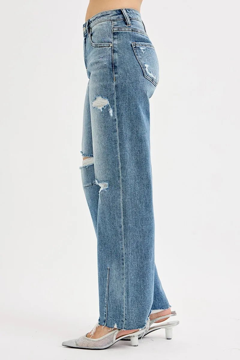 RISEN Full Size Mid Rise Fit Wide Baggy Leg Tie Washed Jeans Plus Size - AMVIM