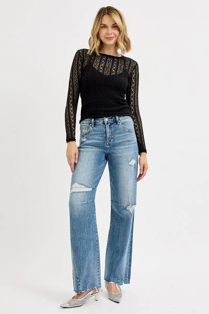 RISEN Full Size Mid Rise Fit Wide Baggy Leg Tie Washed Jeans Plus Size - AMVIM