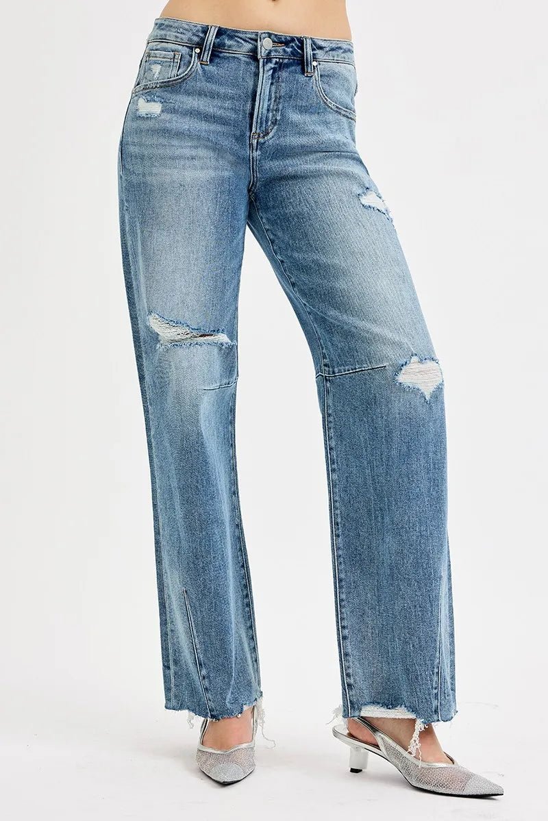 RISEN Full Size Mid Rise Fit Wide Baggy Leg Tie Washed Jeans Plus Size - AMVIM