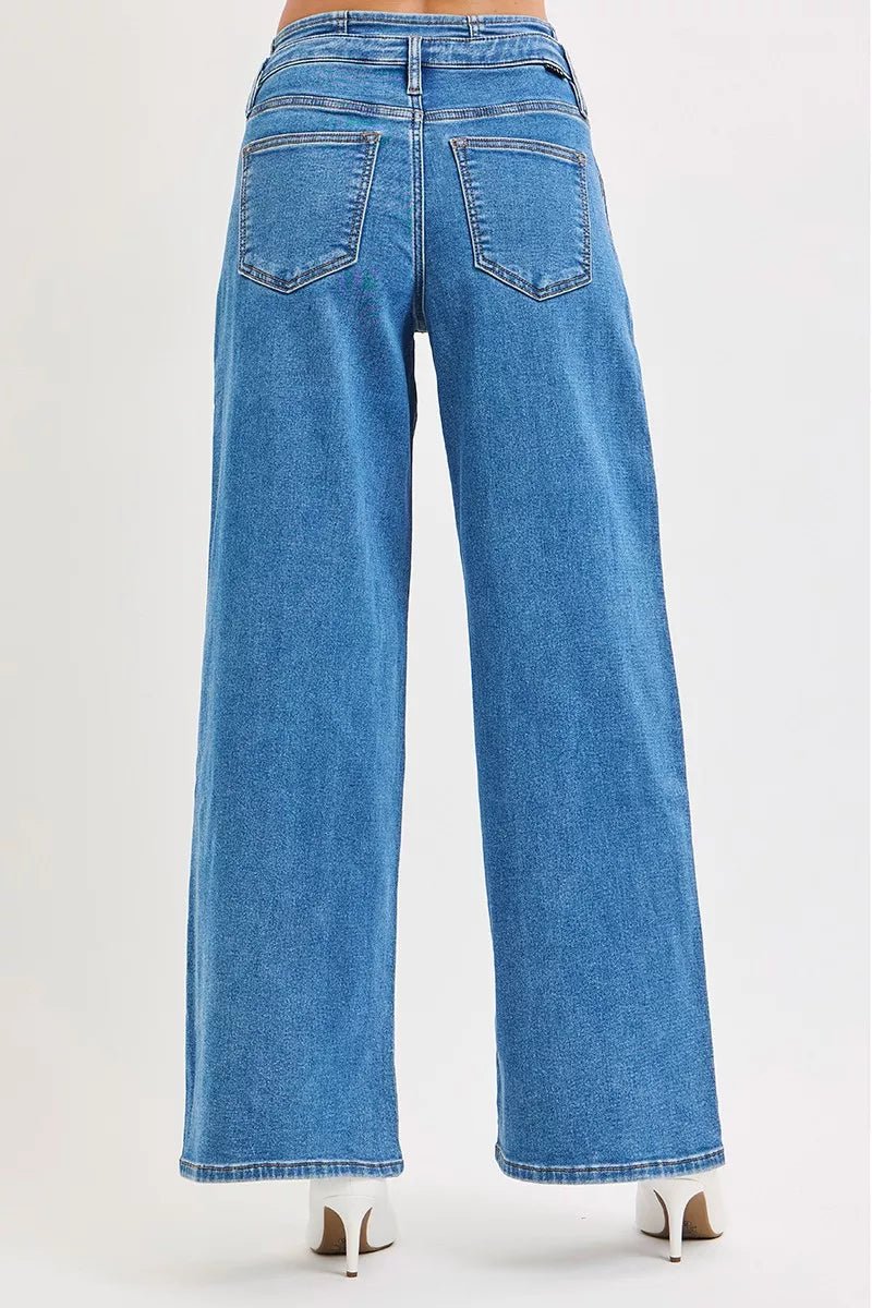 RISEN Full Size Mid Rise Fit Wide Leg with Pleated Detail Jeans Plus Size - AMVIM