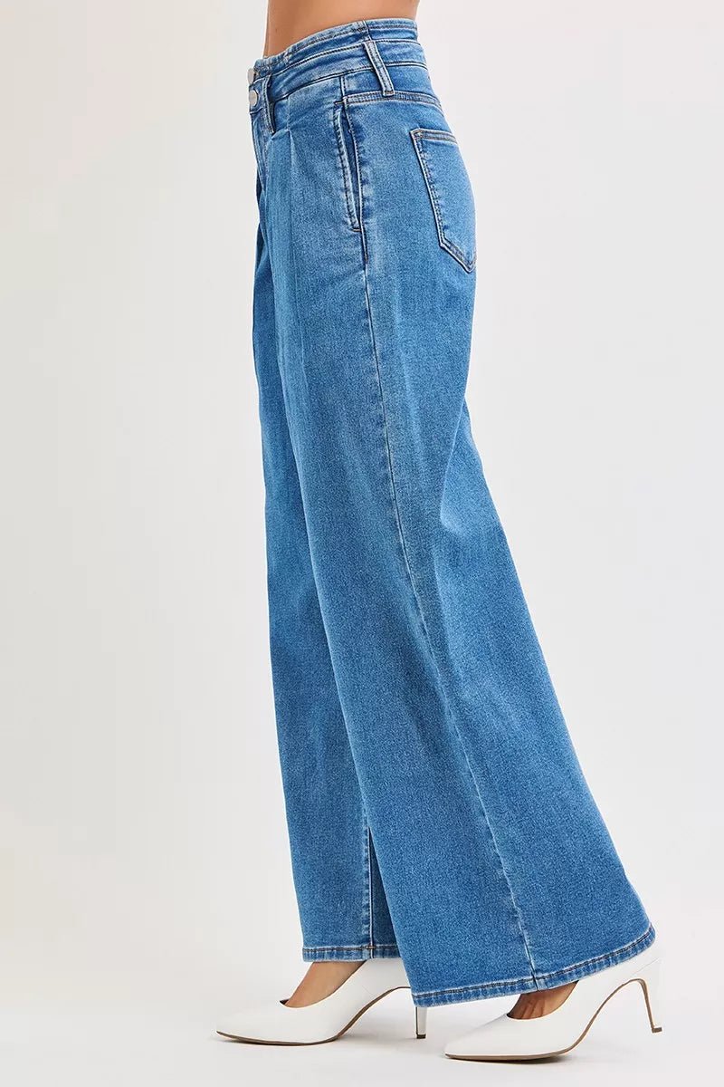 RISEN Full Size Mid Rise Fit Wide Leg with Pleated Detail Jeans Plus Size - AMVIM