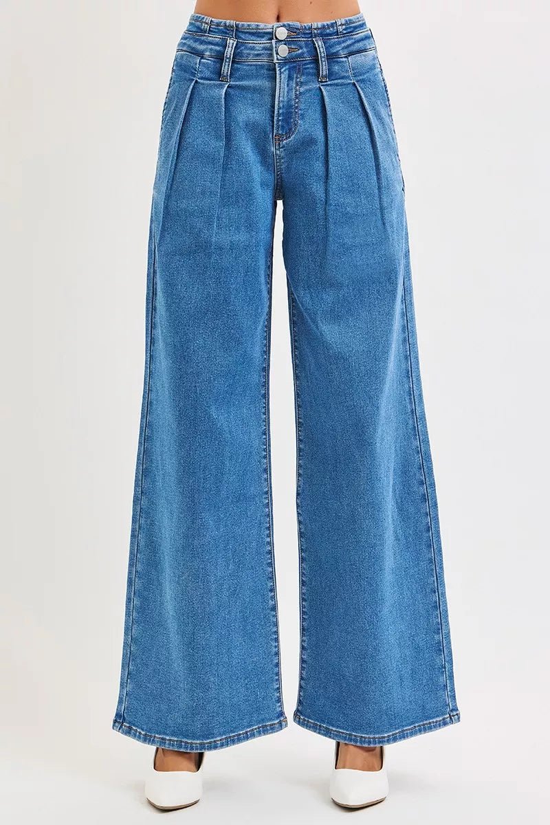 RISEN Full Size Mid Rise Fit Wide Leg with Pleated Detail Jeans Plus Size - AMVIM