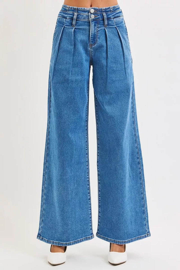 RISEN Full Size Mid Rise Fit Wide Leg with Pleated Detail Jeans Plus Size - AMVIM