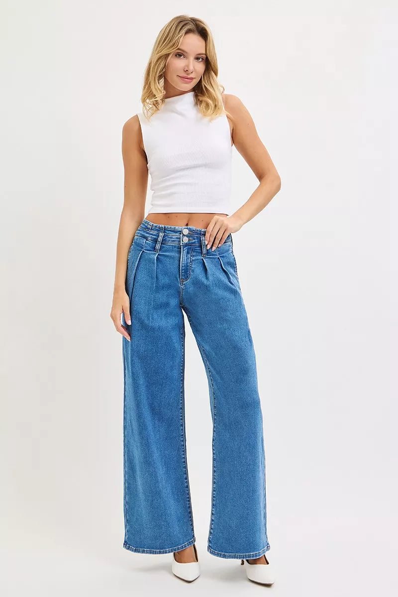 RISEN Full Size Mid Rise Fit Wide Leg with Pleated Detail Jeans Plus Size - AMVIM