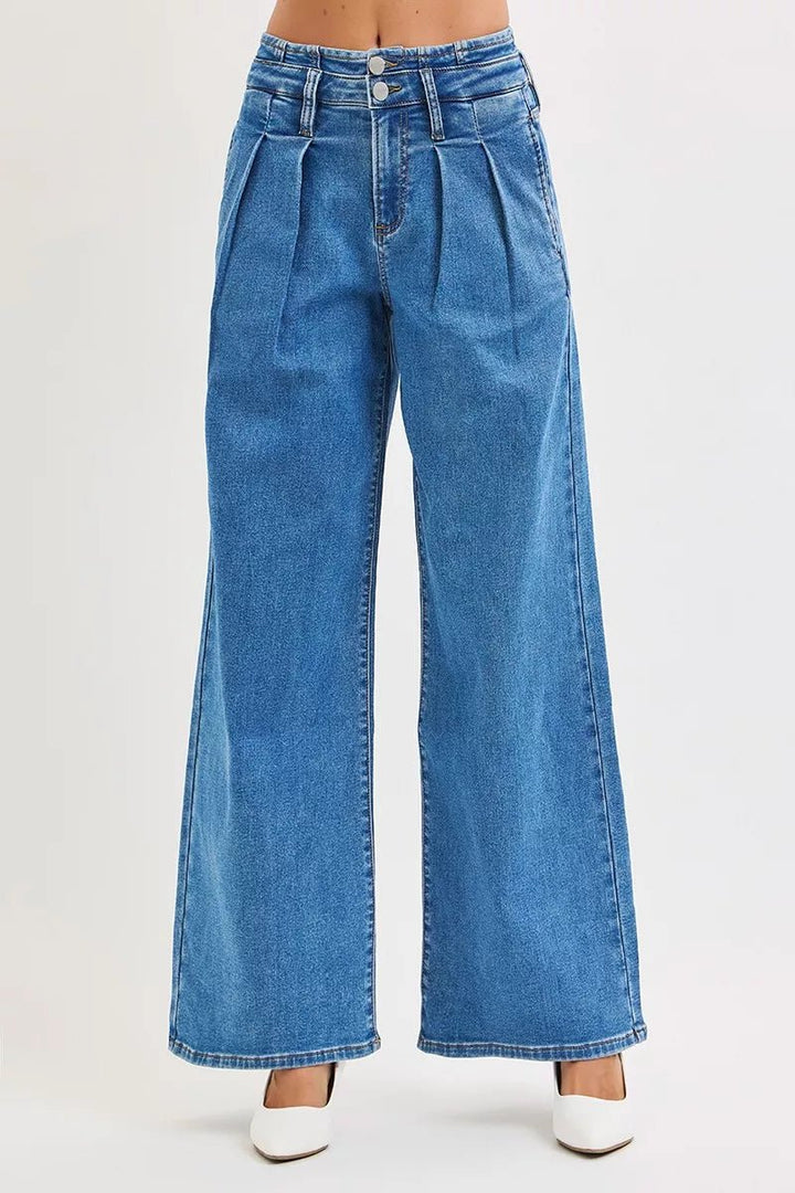 RISEN Full Size Mid Rise Fit Wide Leg with Pleated Detail Jeans Plus Size - AMVIM