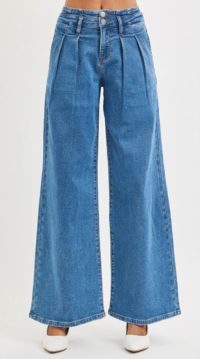 RISEN Full Size Mid Rise Fit Wide Leg with Pleated Detail Jeans Plus Size - AMVIM