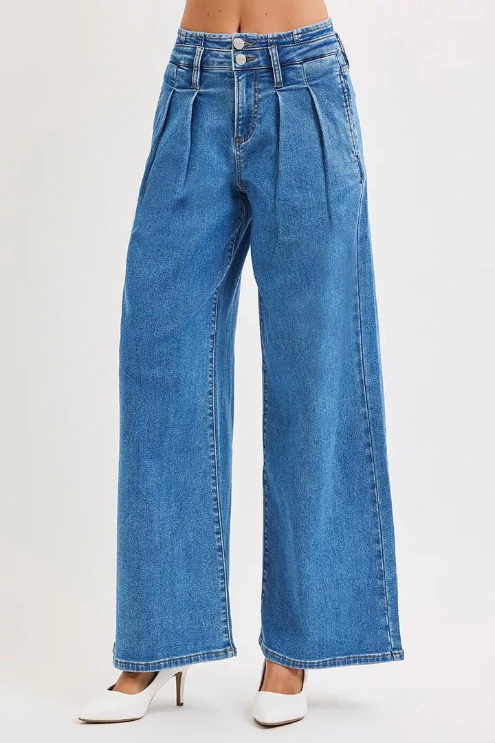 RISEN Full Size Mid Rise Fit Wide Leg with Pleated Detail Jeans Plus Size - AMVIM