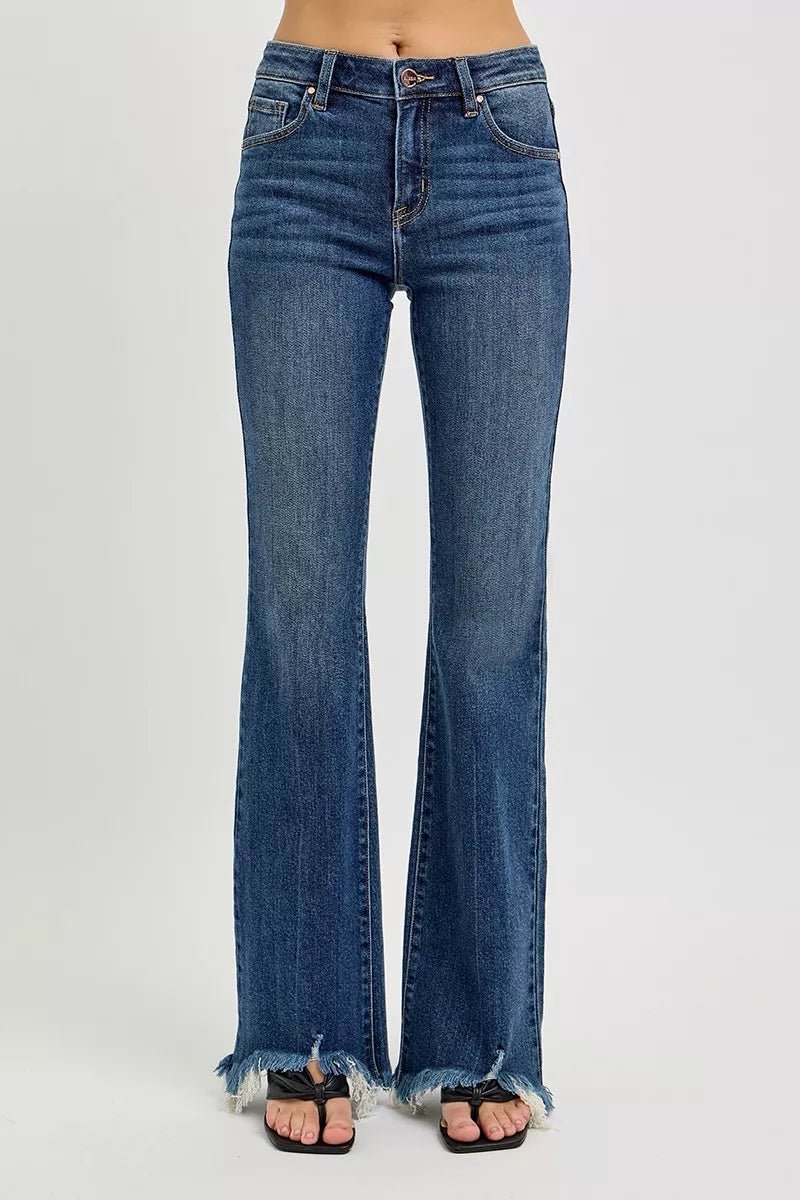 RISEN Full Size Mid Rise Flare Frayed Hem Jeans Plus Size - AMVIM