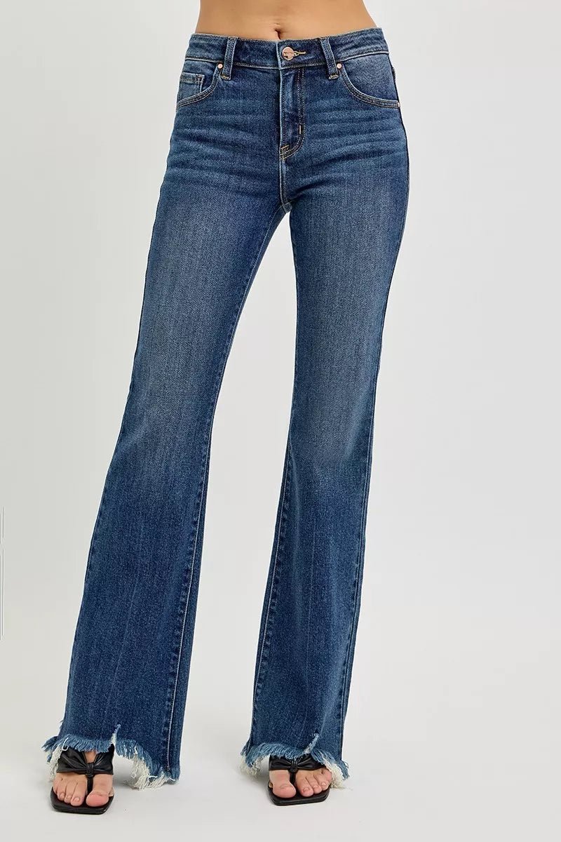 RISEN Full Size Mid Rise Flare Frayed Hem Jeans Plus Size - AMVIM