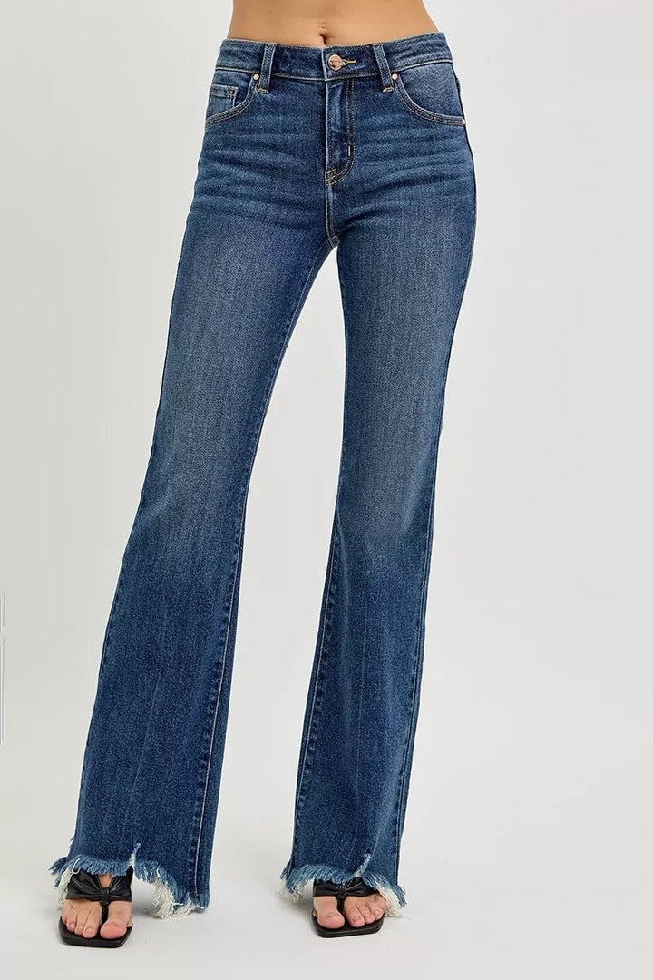 RISEN Full Size Mid Rise Flare Frayed Hem Jeans Plus Size - AMVIM