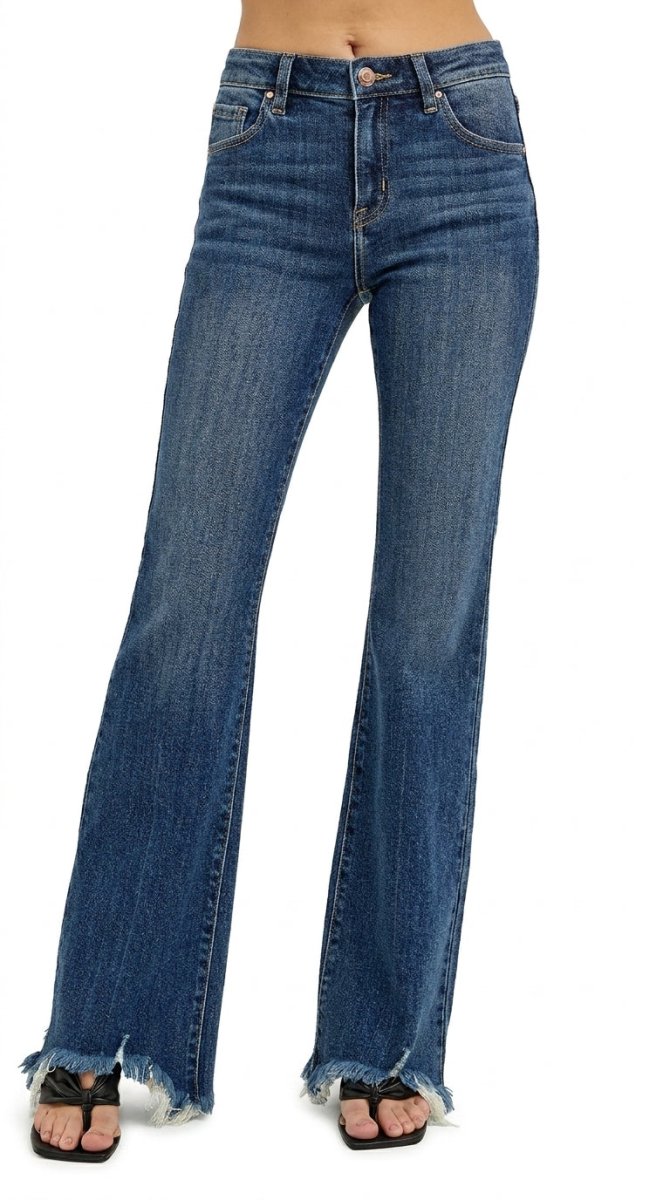 RISEN Full Size Mid Rise Flare Frayed Hem Jeans Plus Size - AMVIM
