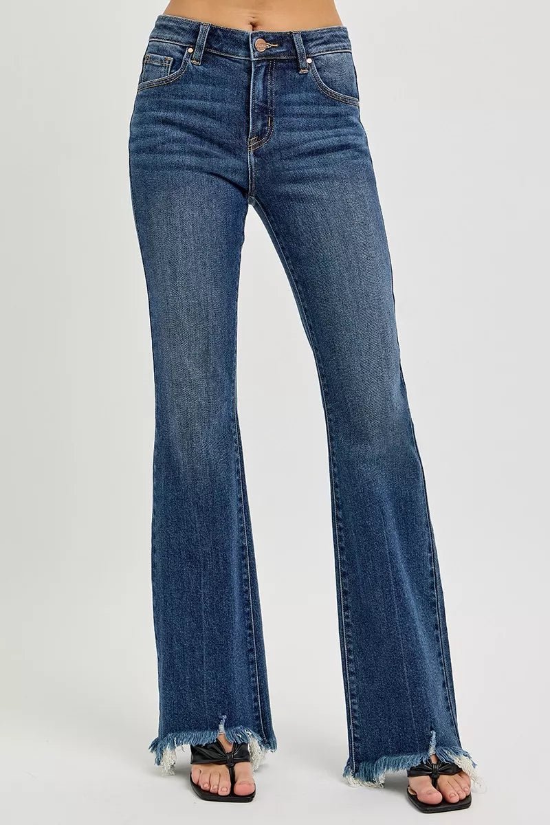 RISEN Full Size Mid Rise Flare Frayed Hem Jeans Plus Size - AMVIM