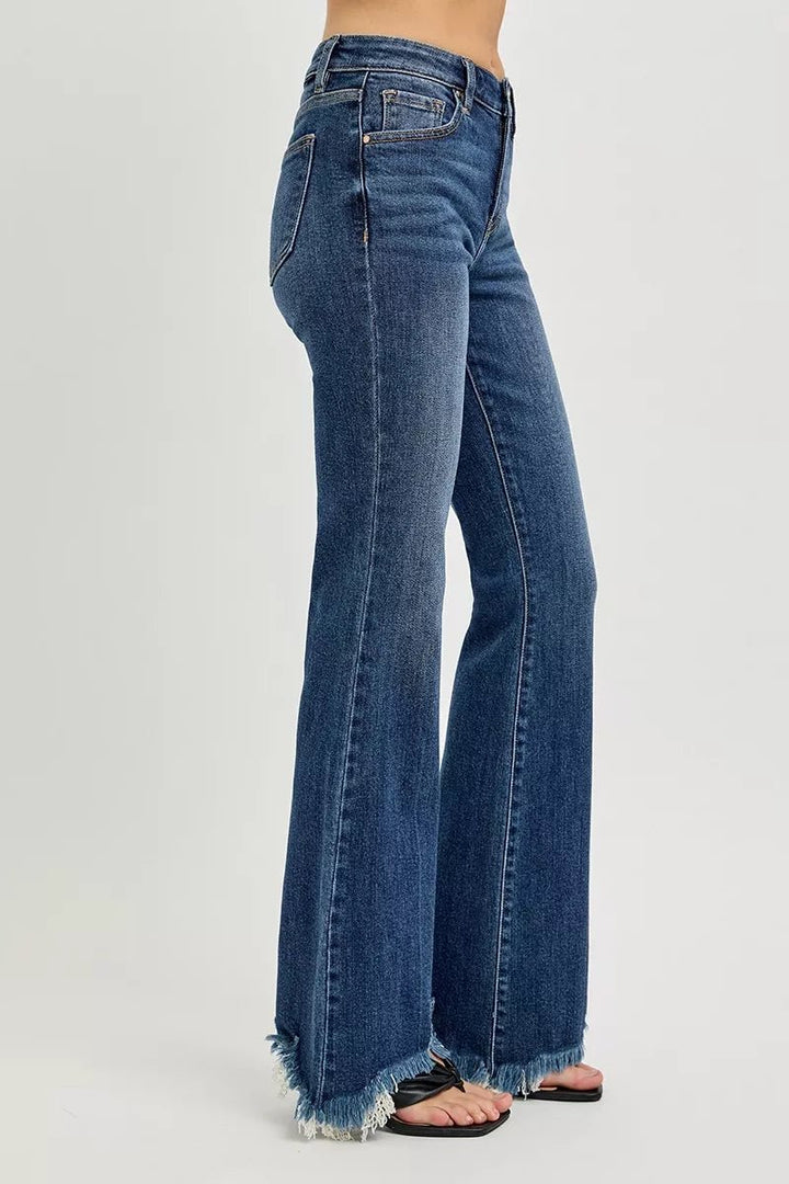 RISEN Full Size Mid Rise Flare Frayed Hem Jeans Plus Size - AMVIM
