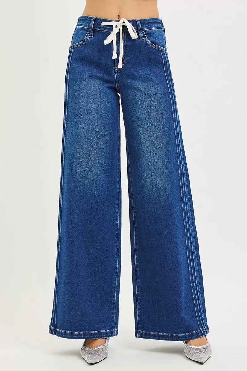RISEN Full Size Mid Rise Wide Side Pintuck Jeans with Front Drawstring Plus Size - AMVIM