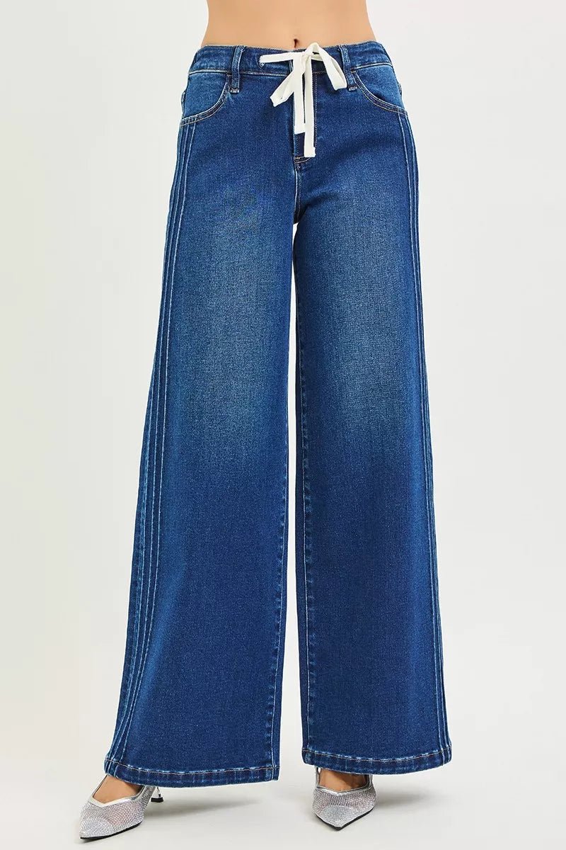 RISEN Full Size Mid Rise Wide Side Pintuck Jeans with Front Drawstring Plus Size - AMVIM