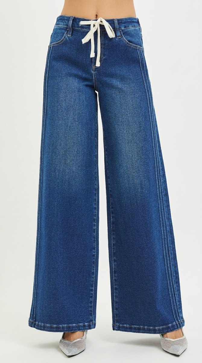 RISEN Full Size Mid Rise Wide Side Pintuck Jeans with Front Drawstring Plus Size - AMVIM