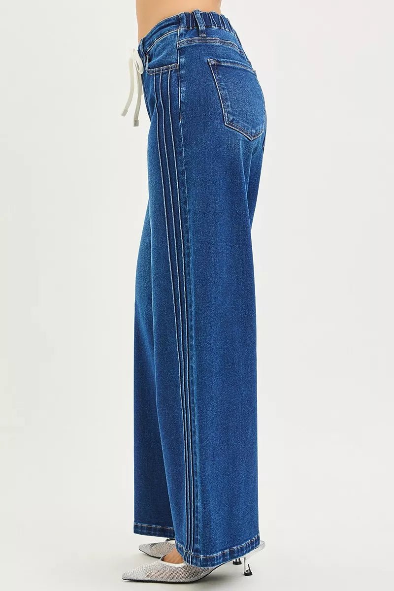 RISEN Full Size Mid Rise Wide Side Pintuck Jeans with Front Drawstring Plus Size - AMVIM