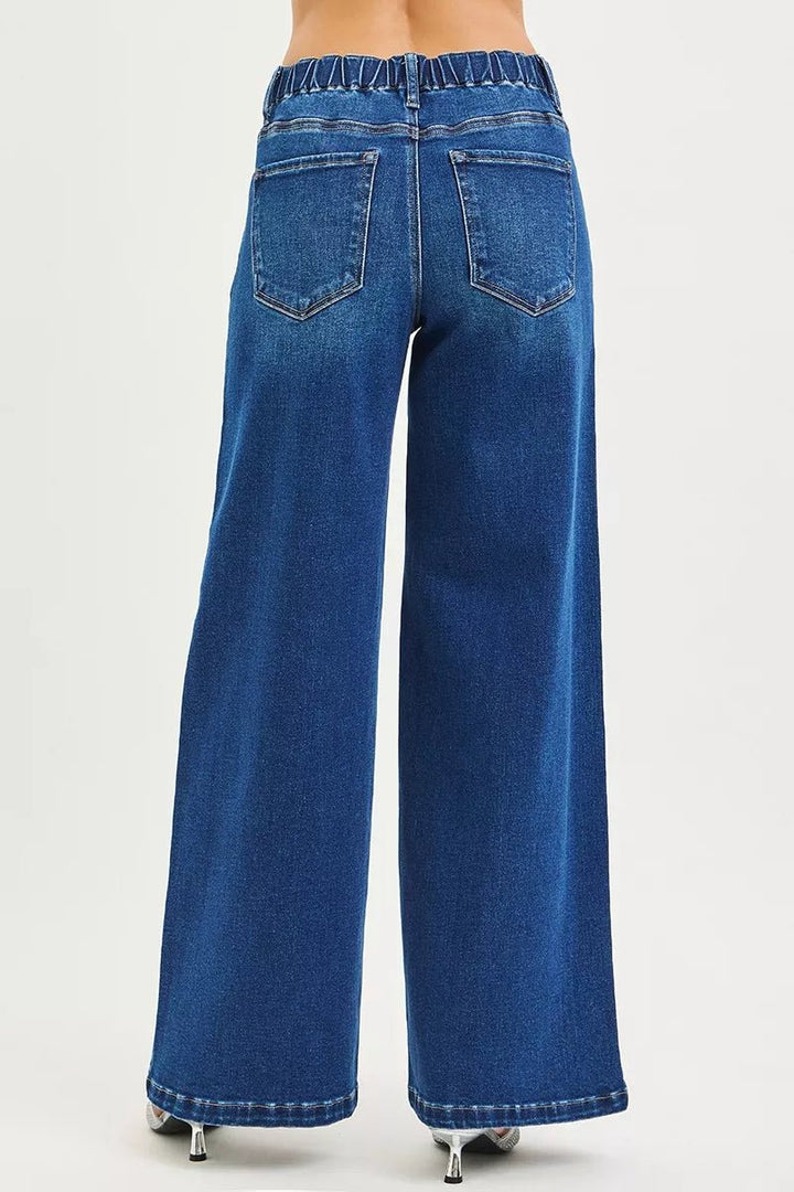 RISEN Full Size Mid Rise Wide Side Pintuck Jeans with Front Drawstring Plus Size - AMVIM