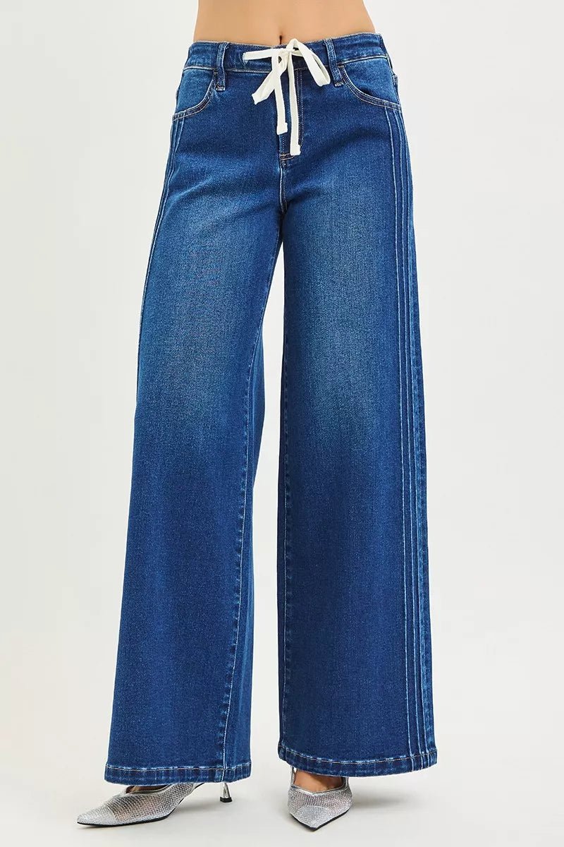 RISEN Full Size Mid Rise Wide Side Pintuck Jeans with Front Drawstring Plus Size - AMVIM