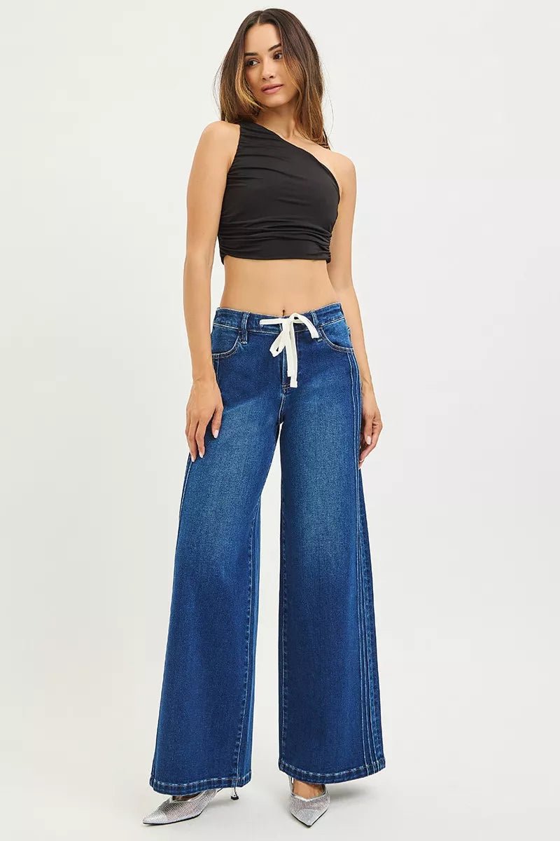 RISEN Full Size Mid Rise Wide Side Pintuck Jeans with Front Drawstring Plus Size - AMVIM