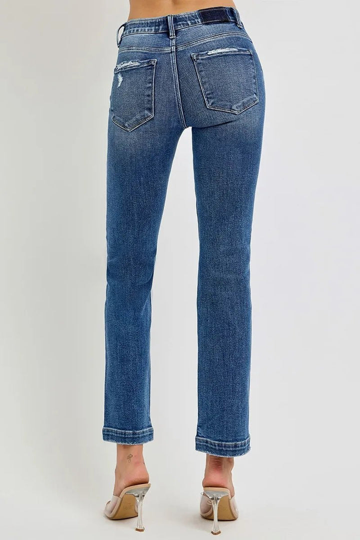 RISEN Full Size Tummy Control Elastic Band Mid Rise Straight Jeans Plus Size - AMVIM