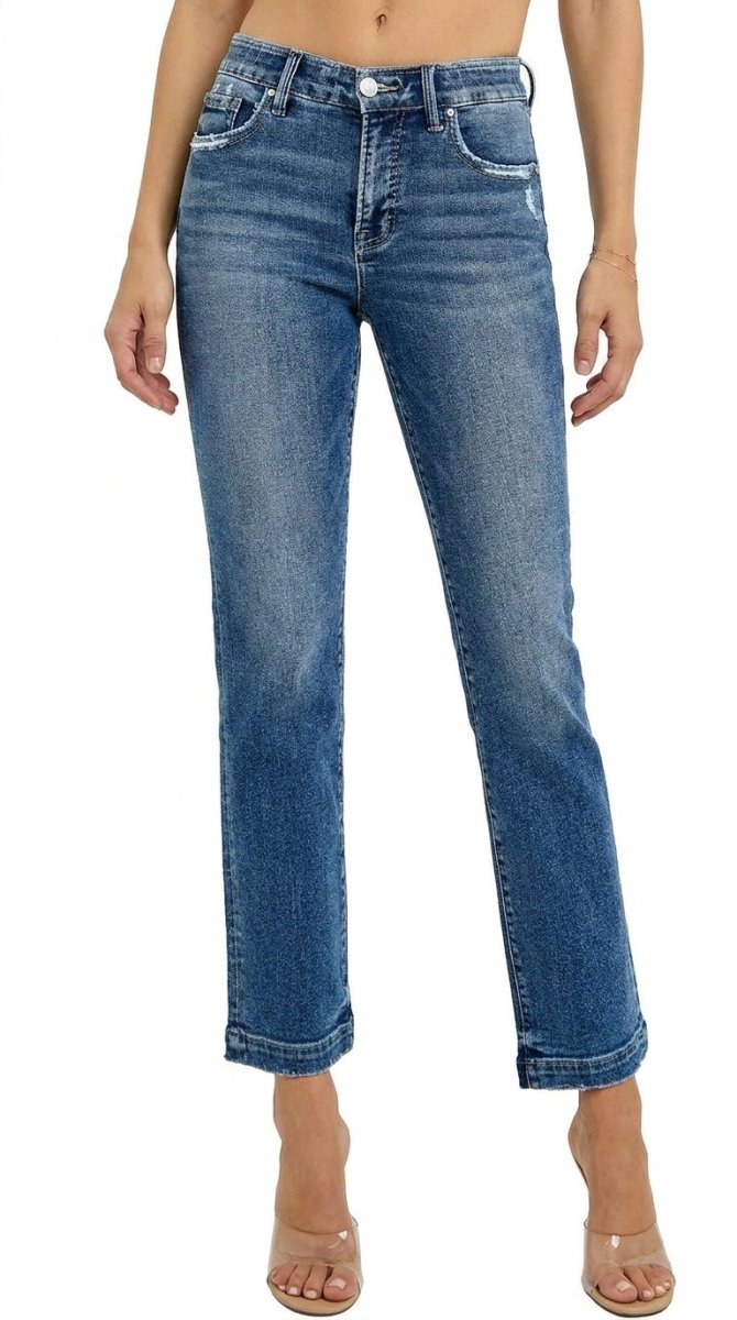 RISEN Full Size Tummy Control Elastic Band Mid Rise Straight Jeans Plus Size - AMVIM