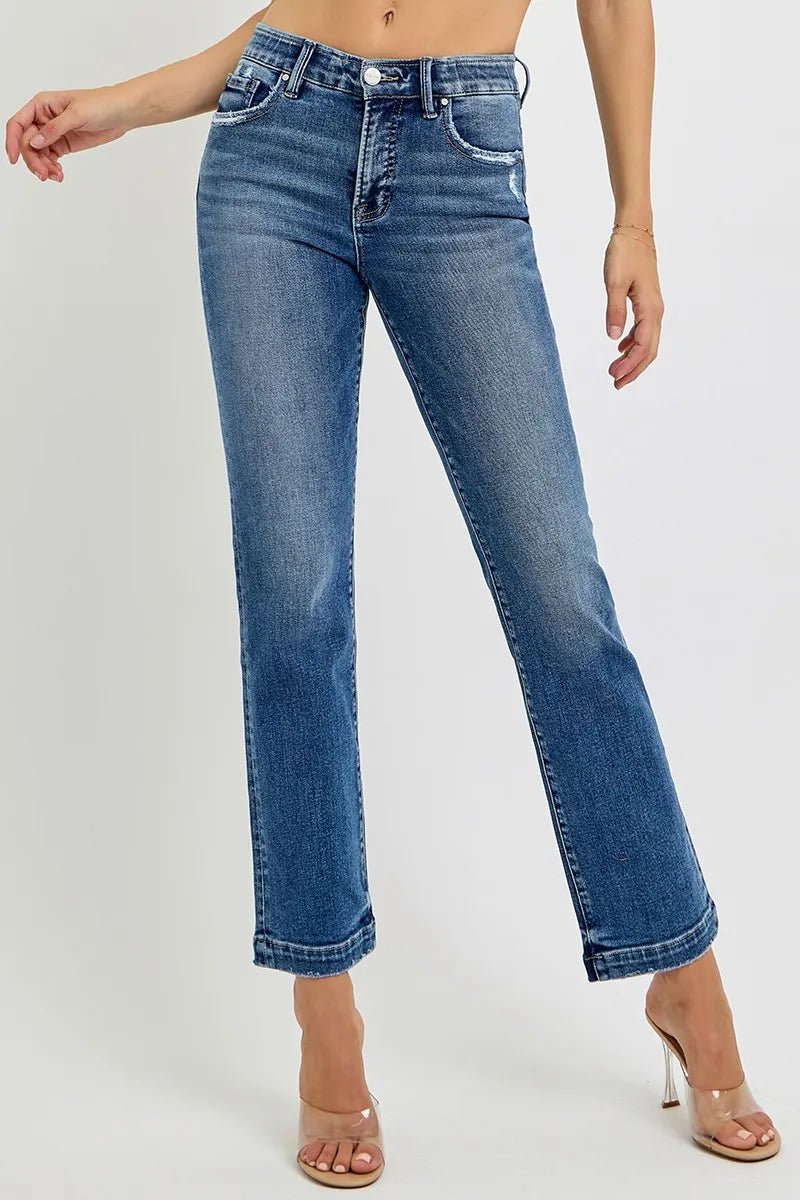 RISEN Full Size Tummy Control Elastic Band Mid Rise Straight Jeans Plus Size - AMVIM