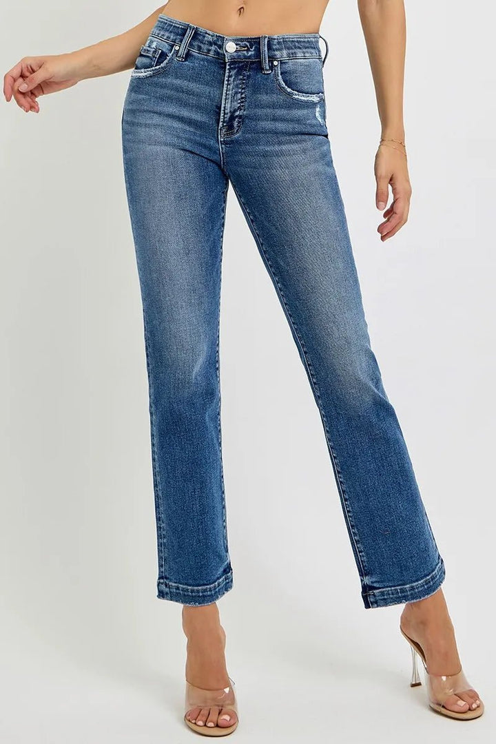 RISEN Full Size Tummy Control Elastic Band Mid Rise Straight Jeans Plus Size - AMVIM