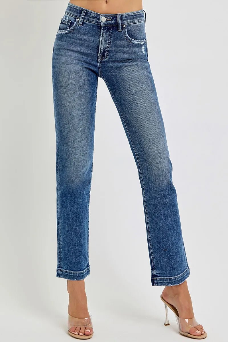 RISEN Full Size Tummy Control Elastic Band Mid Rise Straight Jeans Plus Size - AMVIM