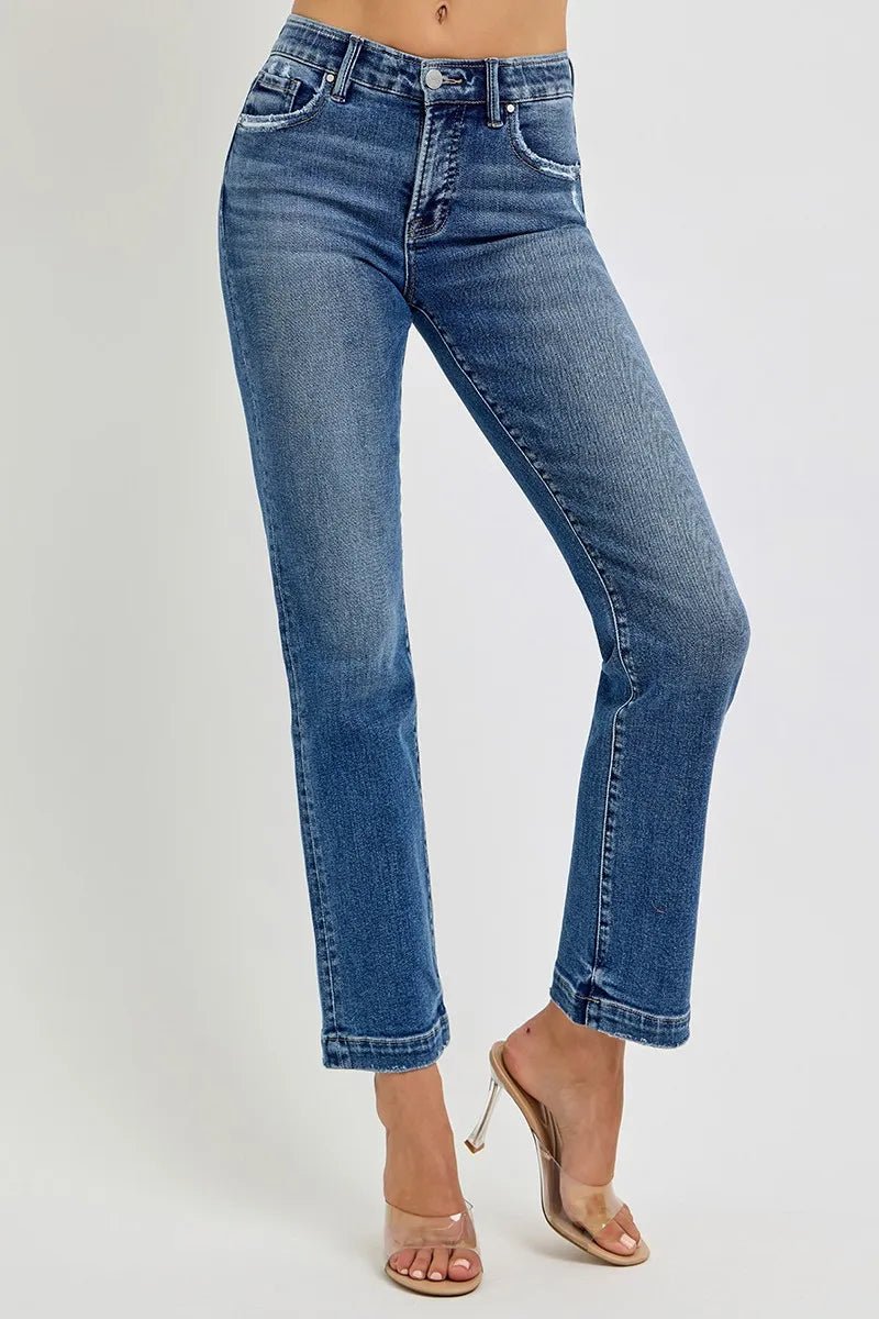 RISEN Full Size Tummy Control Elastic Band Mid Rise Straight Jeans Plus Size - AMVIM