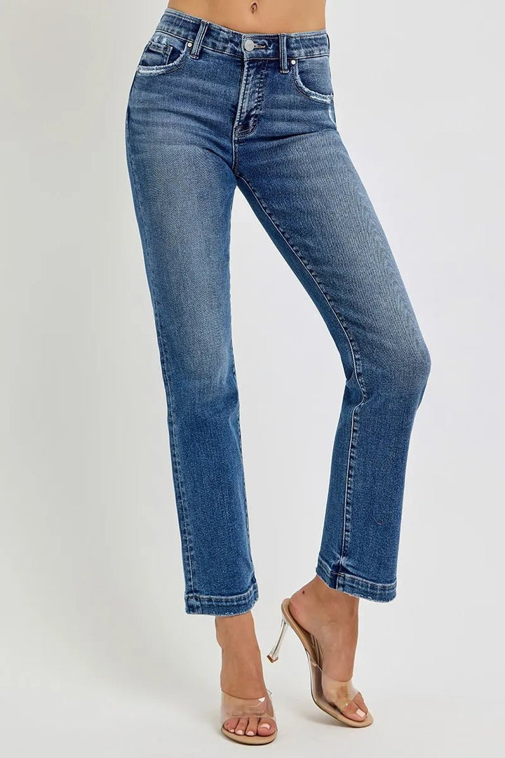 RISEN Full Size Tummy Control Elastic Band Mid Rise Straight Jeans Plus Size - AMVIM