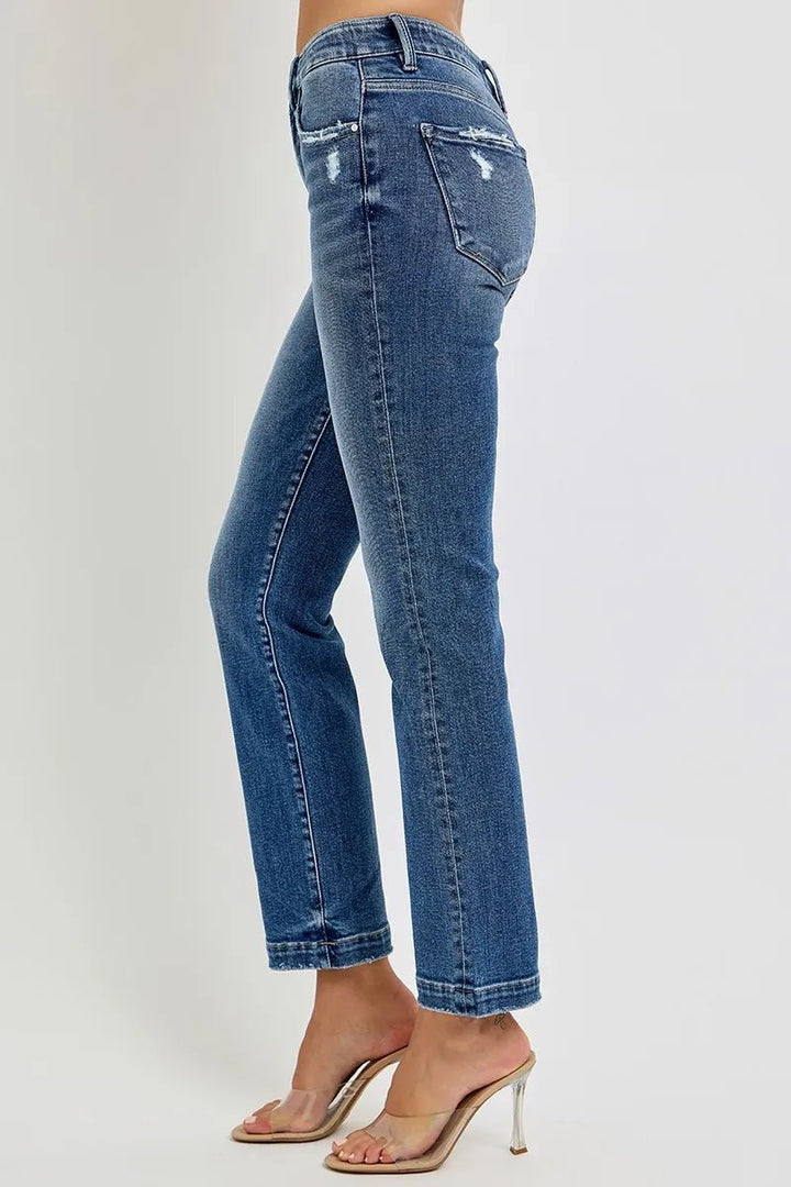 RISEN Full Size Tummy Control Elastic Band Mid Rise Straight Jeans Plus Size - AMVIM