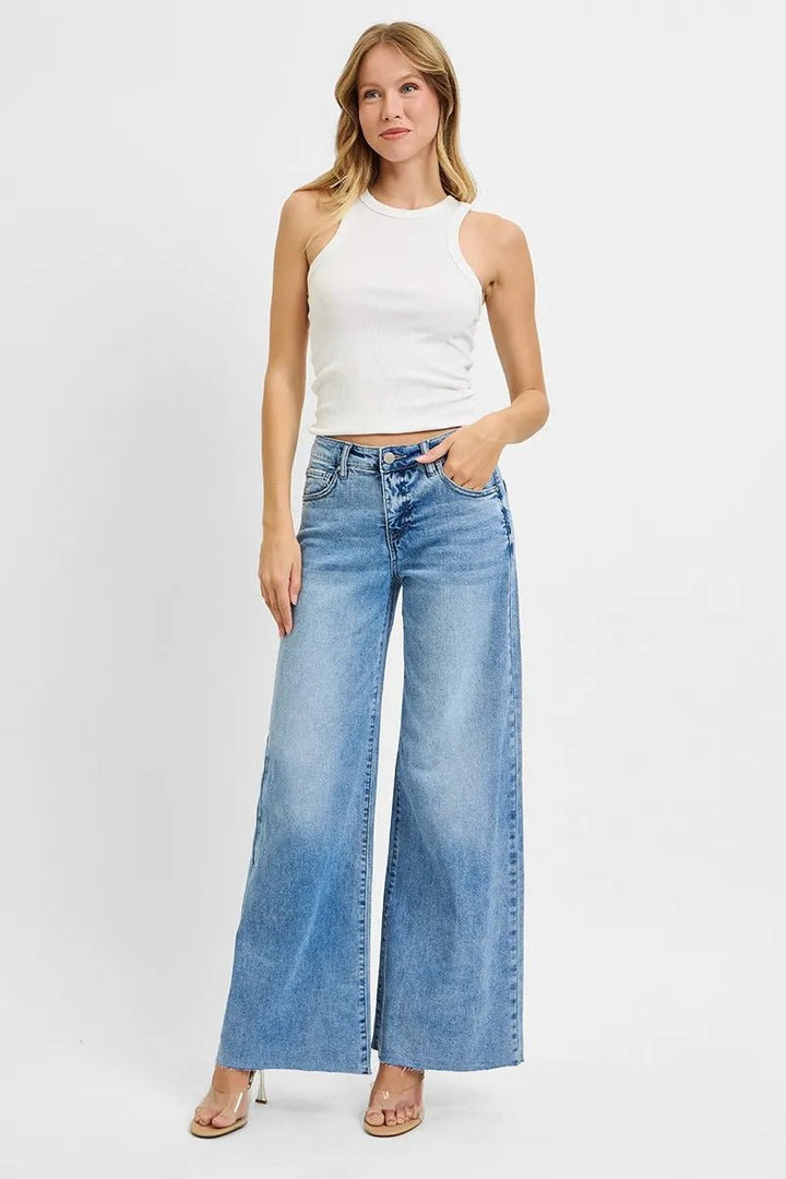 RISEN Full Size Tummy Control High Rise Ankle Palazzo Jeans Plus Size - AMVIM